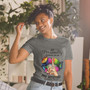 “My Personality Depends On Me My Attitude Depends On You graphic t-shirt featuring colorful neon lips with butterflies and finger whisper design, full view showing vibrant rainbow artwork on light heather gray shirt, perfect for bold inspirational statement wear.”