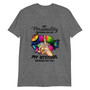 “My Personality Depends On Me My Attitude Depends On You graphic t-shirt featuring colorful neon lips with butterflies and finger whisper design, full view showing vibrant rainbow artwork on light heather gray shirt, perfect for bold inspirational statement wear.”