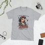 “I Don’t Need Your Attitude I Brought My Own retro pin-up graphic t-shirt featuring vintage rockabilly woman with leather jacket on sport grey shirt, full view showing bold red lettering and edgy statement design.”