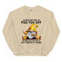 “Whatever I Did to Piss You Off funny gnome crewneck sweatshirt featuring yellow hat gnome with sunflowers on sand colored sweatshirt, full view showing sarcastic statement graphic design.”