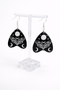 Collection of Ouija planchette acrylic earrings displayed in multiple design variations on a clean background. Each pair features unique lettering styles, symbols, and finishes while maintaining a cohesive dark, witchy aesthetic. The assortment highlights different options within the same occult-inspired theme.
