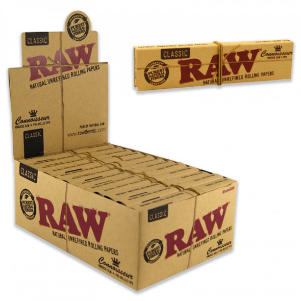  RAW CLASSIC CONNOISSEUR KING SIZE PAPERS + PRE-ROLLED TIPS - 24ct/box 