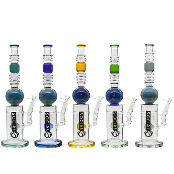 SOCIAL 16 IN SOCIAL "OEDIPUS" FUMED BALL CYLINDER W/ DONUT PERC GLASS WATER PIPE 