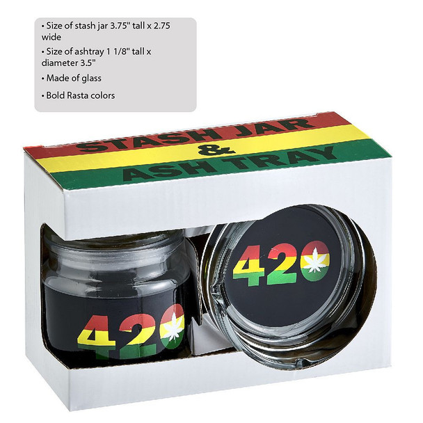 FASHION CRAFT 420 RASTA GLASS STASH JAR & ASH TRAY SET 