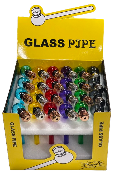 5" ASSORTED COLOR GLASS PIPES WITH SCREENED CAP 24CT/DISPLAY