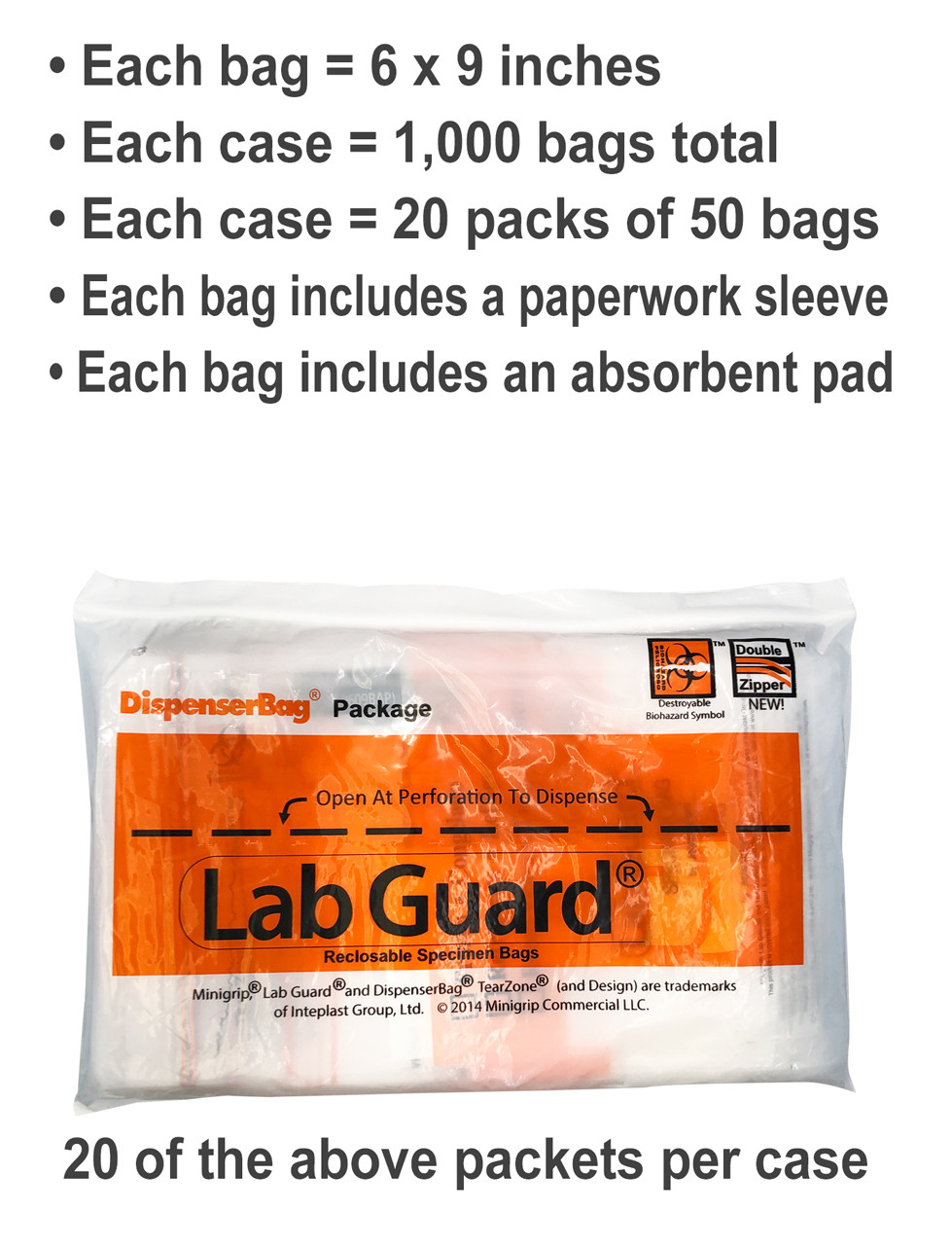 Minigrip Lab Guard Specimen Bags with Tearzone and absorbent pad SBL2AP69B