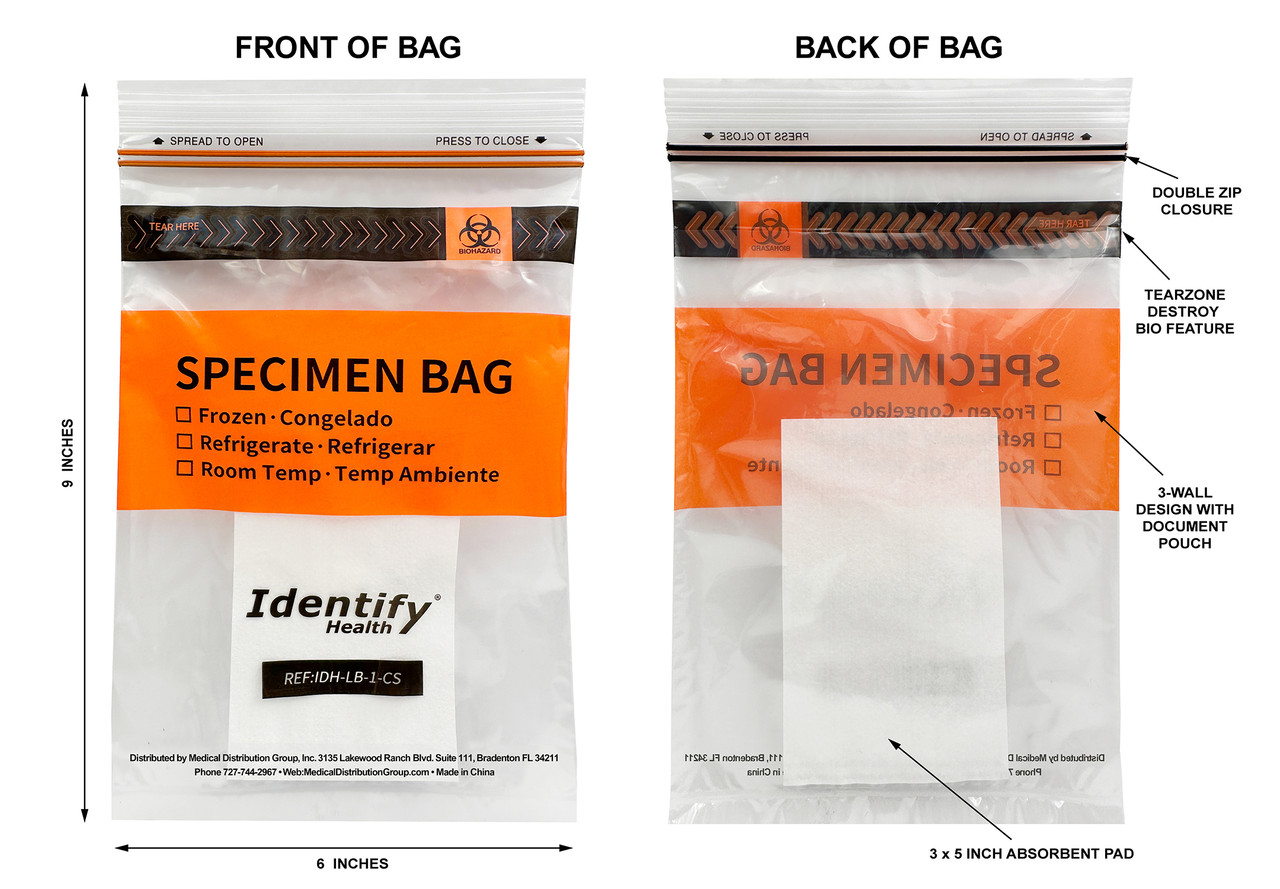 Identify Health Specimen Bags – 6x9 Biohazard Double Zip Seal