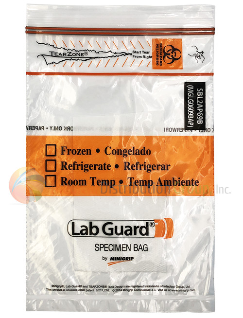 Lab Guard SBL2AP69B Polyethylene Specimen Bag with TearZone and Absorbent Pad, Destroyable Biohazard Symbol 1,000 bags