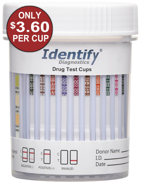 Identify Diagnostics  - 12 Panel Drug Test Cup with BUP and Adulterations - CLIA Waived, OTC Cleared - Sale Bulk Discount
