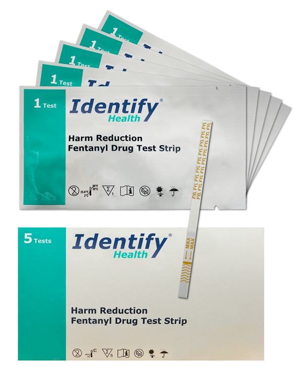 Main product image of the Identify Health fentanyl test strip available for purchase online. Individually packaged, fast results, harm reduction focused. 