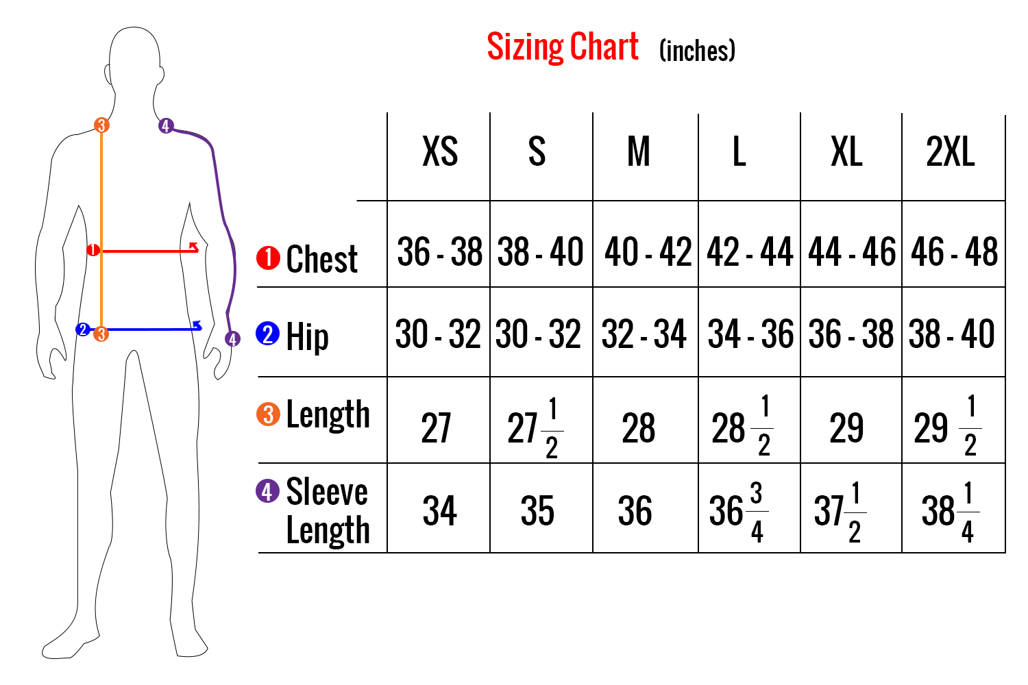 Evolve USB Battery Heated Hoodie BH1501 Sizing chart