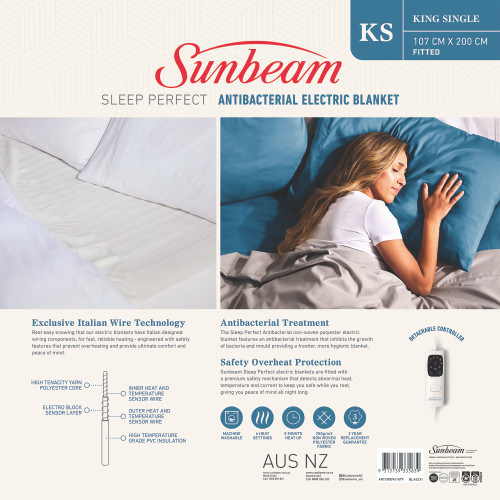 Sunbeam Sleep Perfect Antibacterial Electric Blanket King Single BLA6331