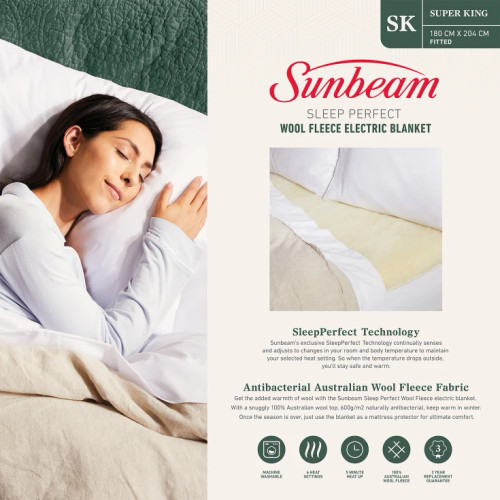 Sunbeam Sleep Perfect Wool Fleece Electric Blanket Super King BLW6681