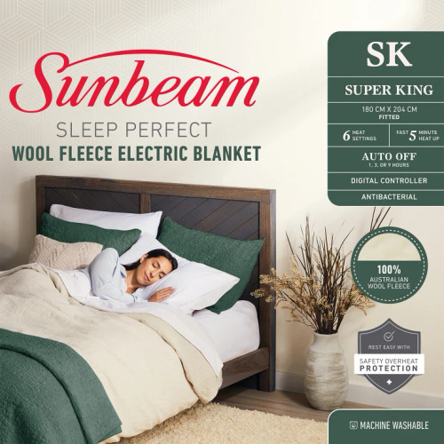 Sunbeam Sleep Perfect Wool Fleece Electric Blanket Super King BLW6681