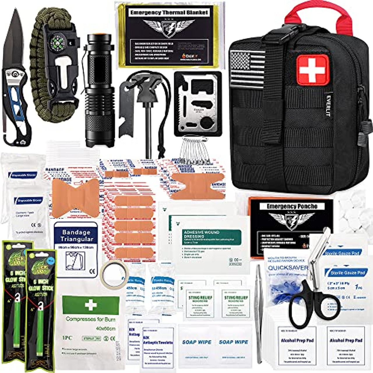 152 Piece Emergency Survival Kit for Camping, Hunting, Hiking, Car, RV, Bug  Out Bag Molle Pouch & American Flag Patch 
