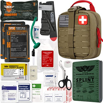 EVERLIT Advanced Emergency Trauma Kit, CAT GEN-7 Tourniquet Mil-Spec Nylon Laser Cut Pouch with 36" Splint, Military Combat Tactical IFAK for First Aid Response Bleeding Control (Coyote Brown)
