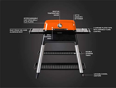 Everdure FORCE 2 Burner Gas Grill, Liquid Propane Portable BBQ Grill with Die-Cast Aluminum Body and Fast-Ignition Technology, 388 Square Inches of Grilling Surface, Adjustable Height, Orange
