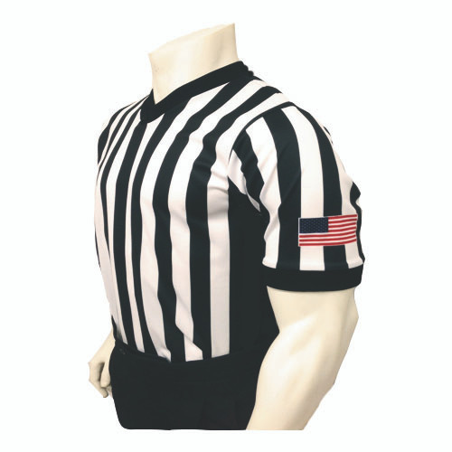 Smitty Made in USA **NEW "BODY FLEX" Mens 1" Black and White Striped V-Neck Basketball Referee Shirt w/Side Panel