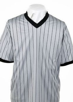 Smitty Made in USA **NEW "BODY FLEX"  Mens Grey V-Neck Basketball and Wrestling Referee Shirt with Black Pinstripes