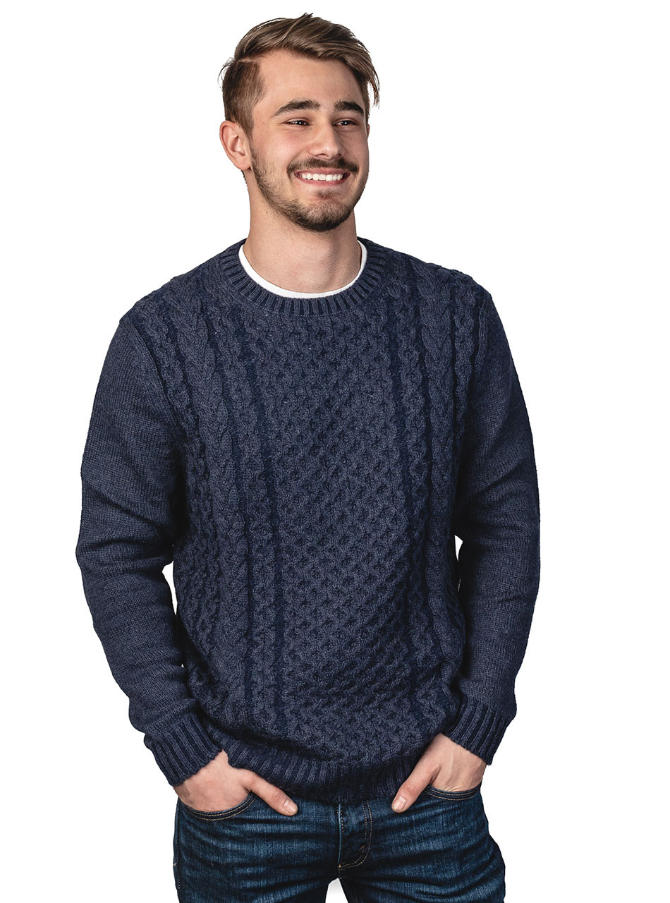 Men's Alpaca Blend Cable Crew Neck Two-Tone Modern Pullover | Free ...
