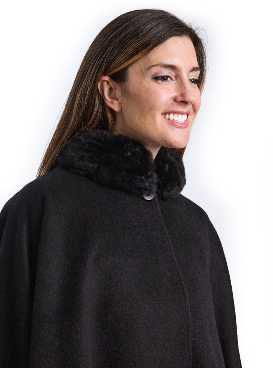 Fur-trimmed Alpaca Swing Cape in Black | Sun Valley Alpaca Co.