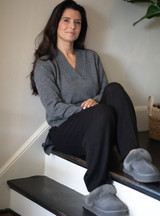 The Alpaca V-Neck Pullover Sweater on Model, lifestyle image. The Alpaca V-Neck Pullover Sweater on Model, lifestyle image.