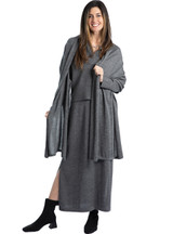 Aspen Knit Alpaca Sweater Skirt on model paired with Johnny Polo and The Alpaca Wrap on model.