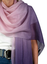 Close up shot of the Hand dyed Ombre Baby Alpaca & Silk Shawl on model