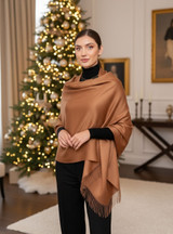 Model wearing the Baby Alpaca and Silk Glimmer Shawl styled for an elegant evening look.