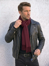 Baby Alpaca Scarf Solid Unisex Winter Scarf, Black Cherry, Styled on man.