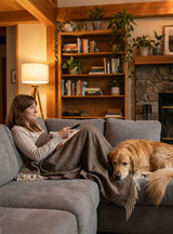 A woman is soft and cozy under a Baby Alpaca Wool Herringbone Throw Blanket with a dog.