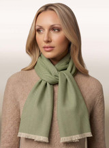 Chevron Eyelash Fringe Baby Alpaca Scarf in Moss/Mist on women