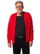 Mister Rogers Iconic Red Alpaca Cardigan - on Model Man