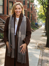 Organic Eco Plaid Scarf & Shawl with Extra Long Fringe, Lifestyle. Organic Eco Plaid Scarf & Shawl with Extra Long Fringe, Lifestyle.