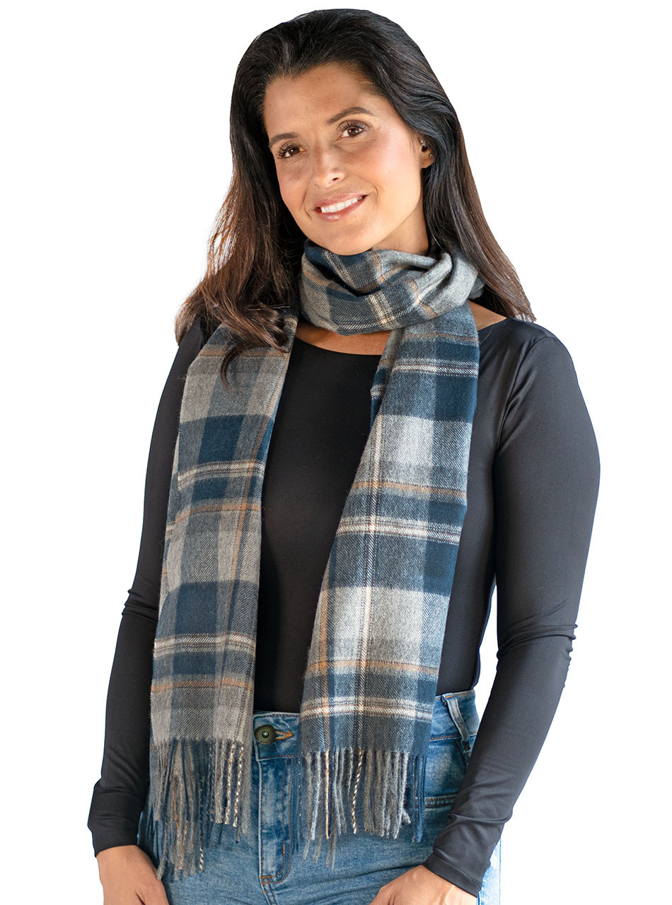 Bushwick Tartan Alpaca Plaid Scarf on Woman, Looped.