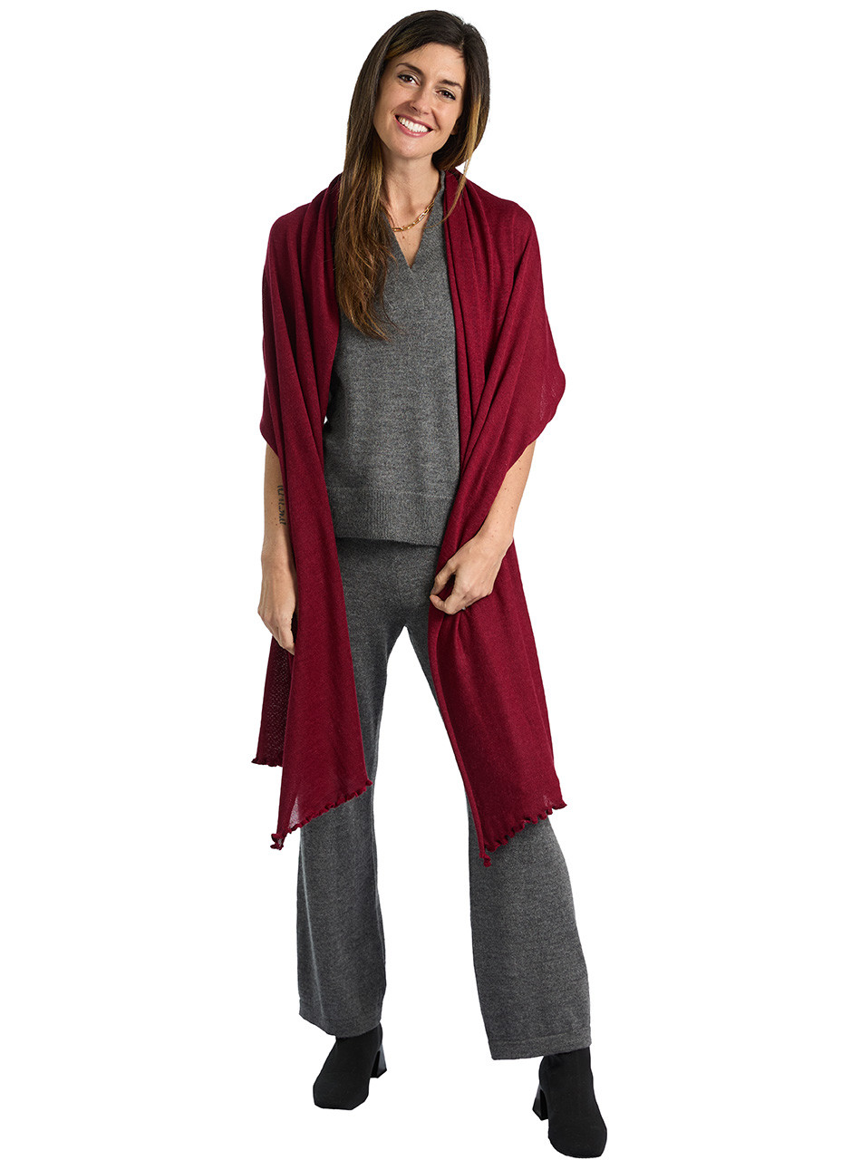 The Alpaca Sweater Knit Pant paired with vest and the alpaca wrap on model.