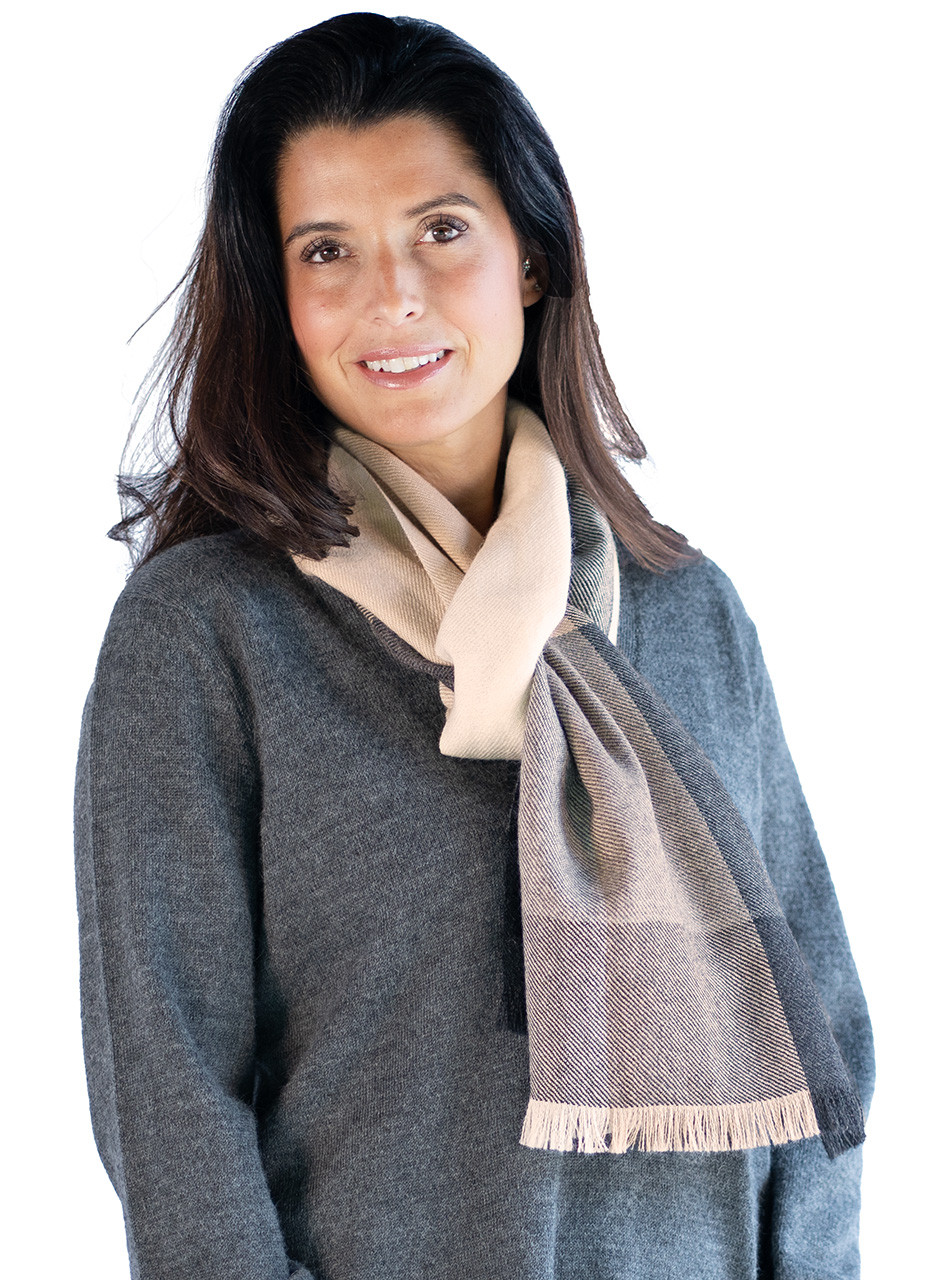 All-Natural Color Block Check Premium Baby Royal Alpaca Plaid Scarf, Looped on Woman.