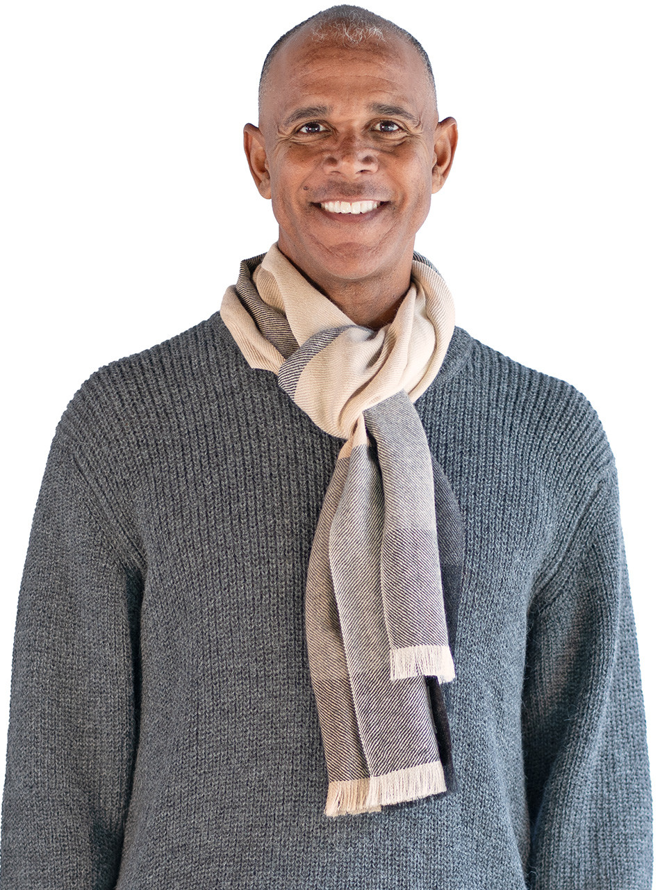 All-Natural Color Block Check Premium Baby Royal Alpaca Plaid Scarf, Looped on Man.