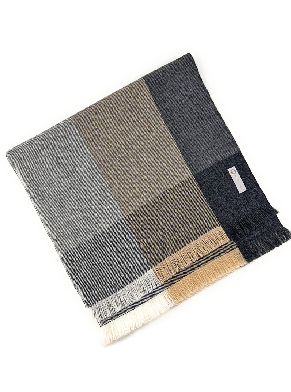 All-Natural Color Block Check Premium Baby Royal Alpaca Plaid Scarf, Folded - Flat.