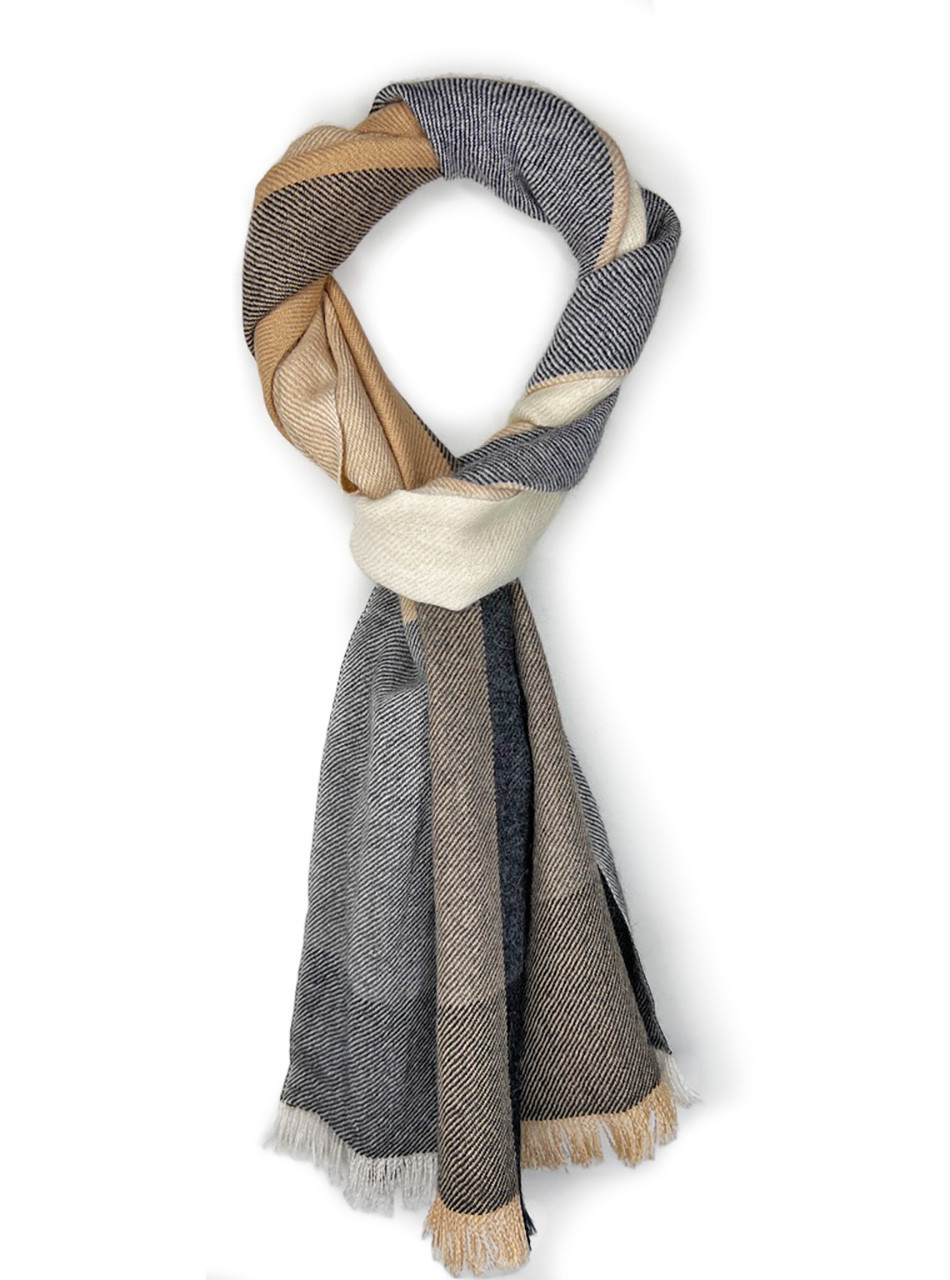 All-Natural Color Block Check Premium Baby Royal Alpaca Plaid Scarf, Alternately Styled.
