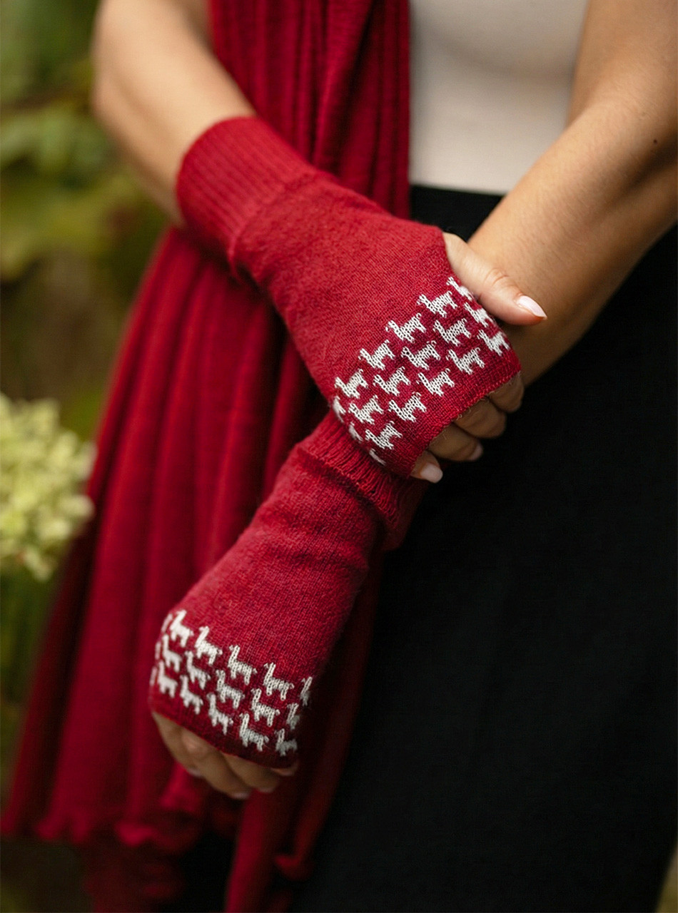 Out To Play Reversible Fingerless Mittens - 100% Baby Alpaca Wool - Red, Lifestyle image.