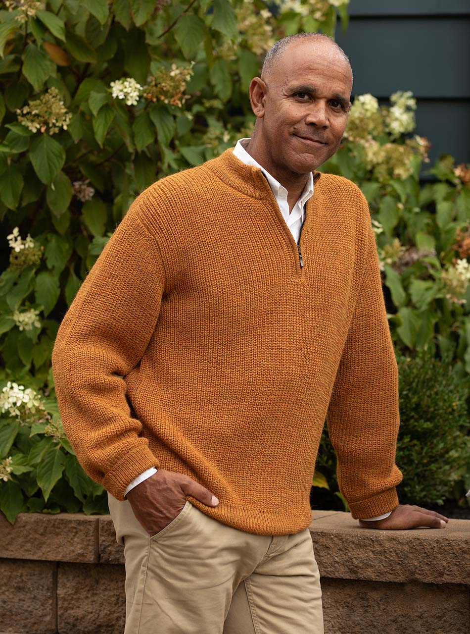 Alpaca Sweater Men's Heritage Quarter- Zip Pullover, in Golden Heather, Lifestyle image on Man.