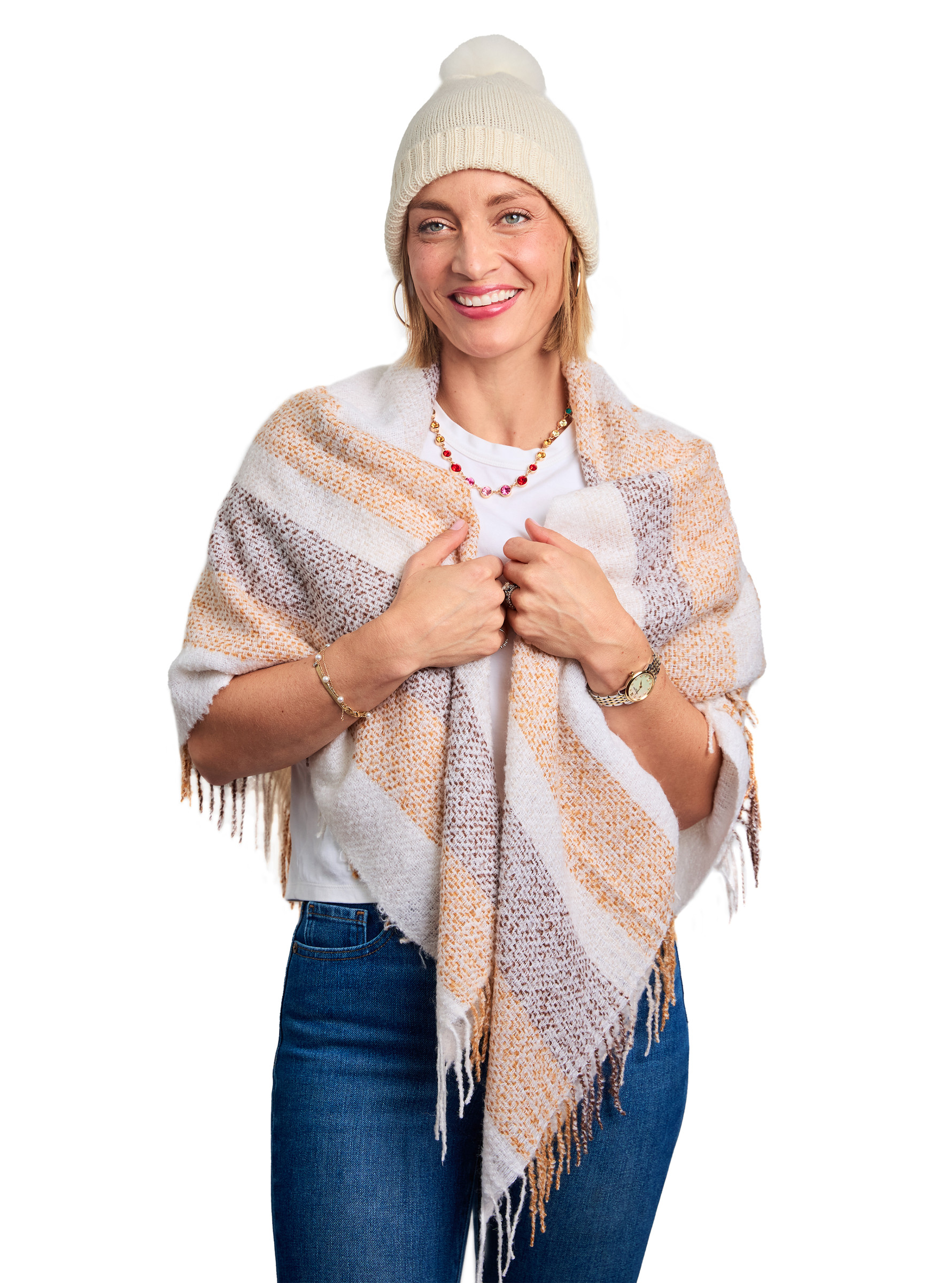 Alpaca & Silk Boucle Oversized Scarf in Sand Stripe shown on the model