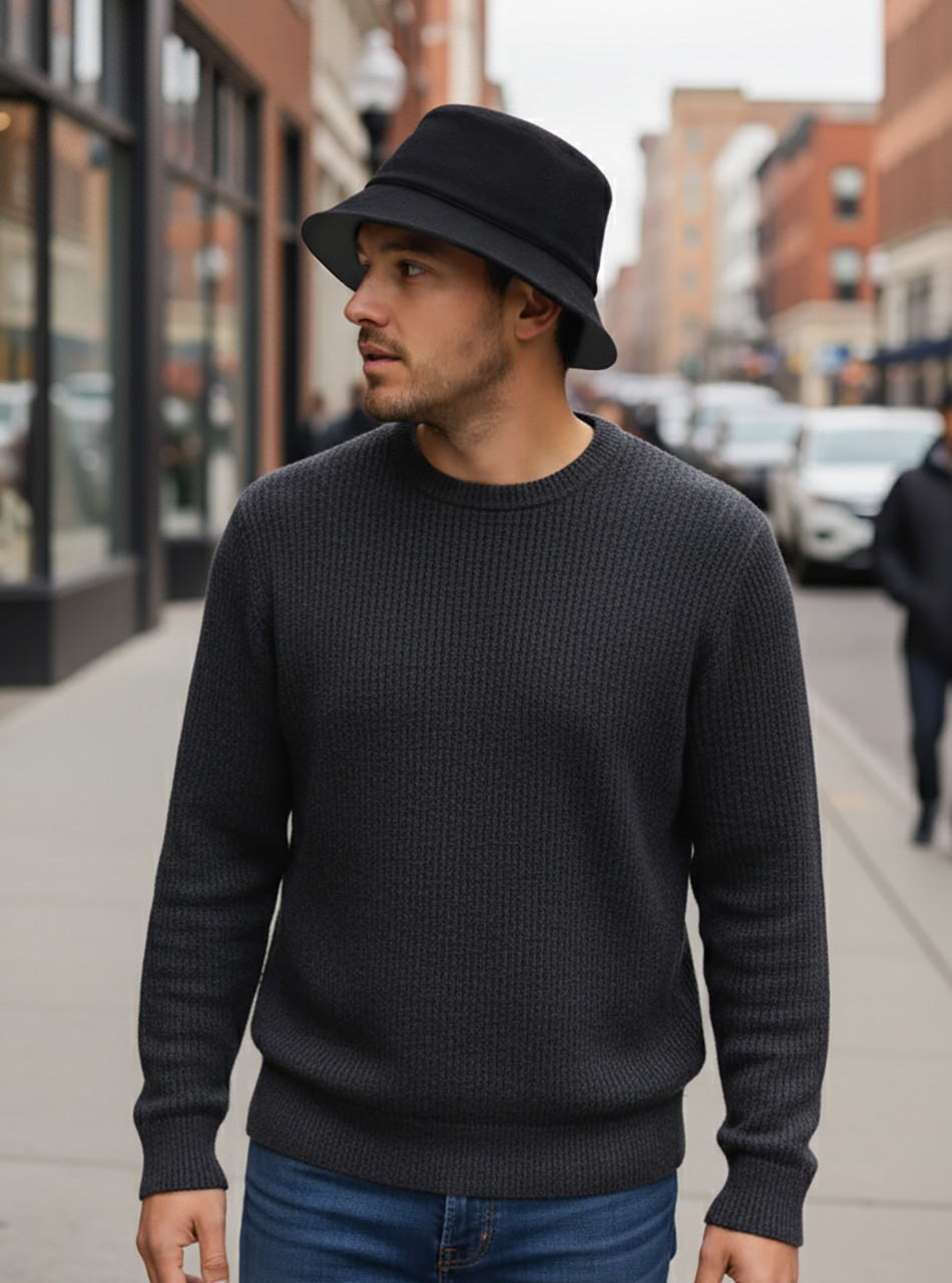 Male Model wearing reversible alpaca wool bucket hat outdoors