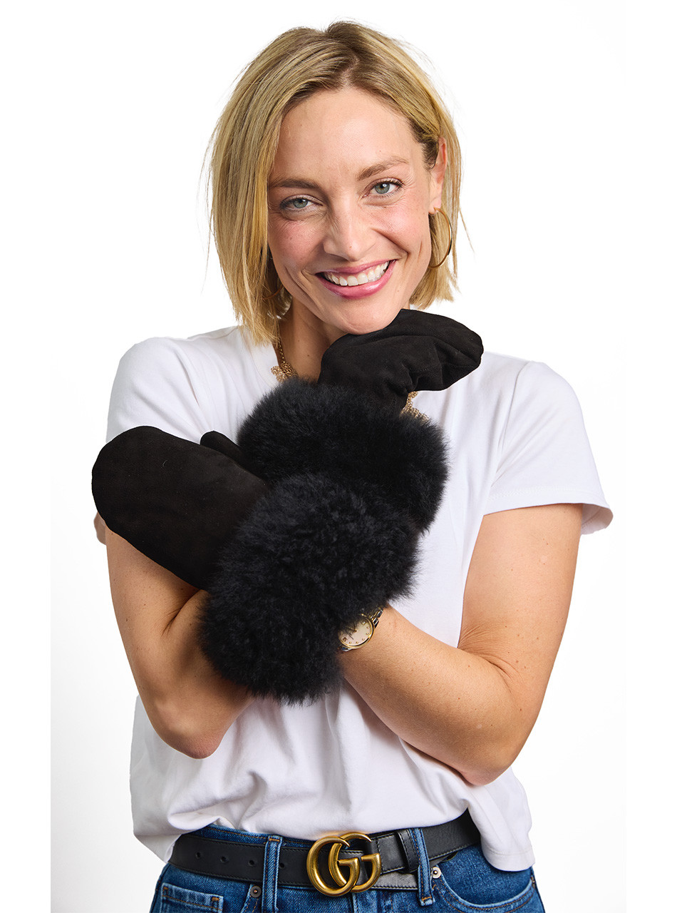 Women’s Suede & Baby Alpaca Shearling Mittens – Front view showing suede exterior and plush alpaca lining