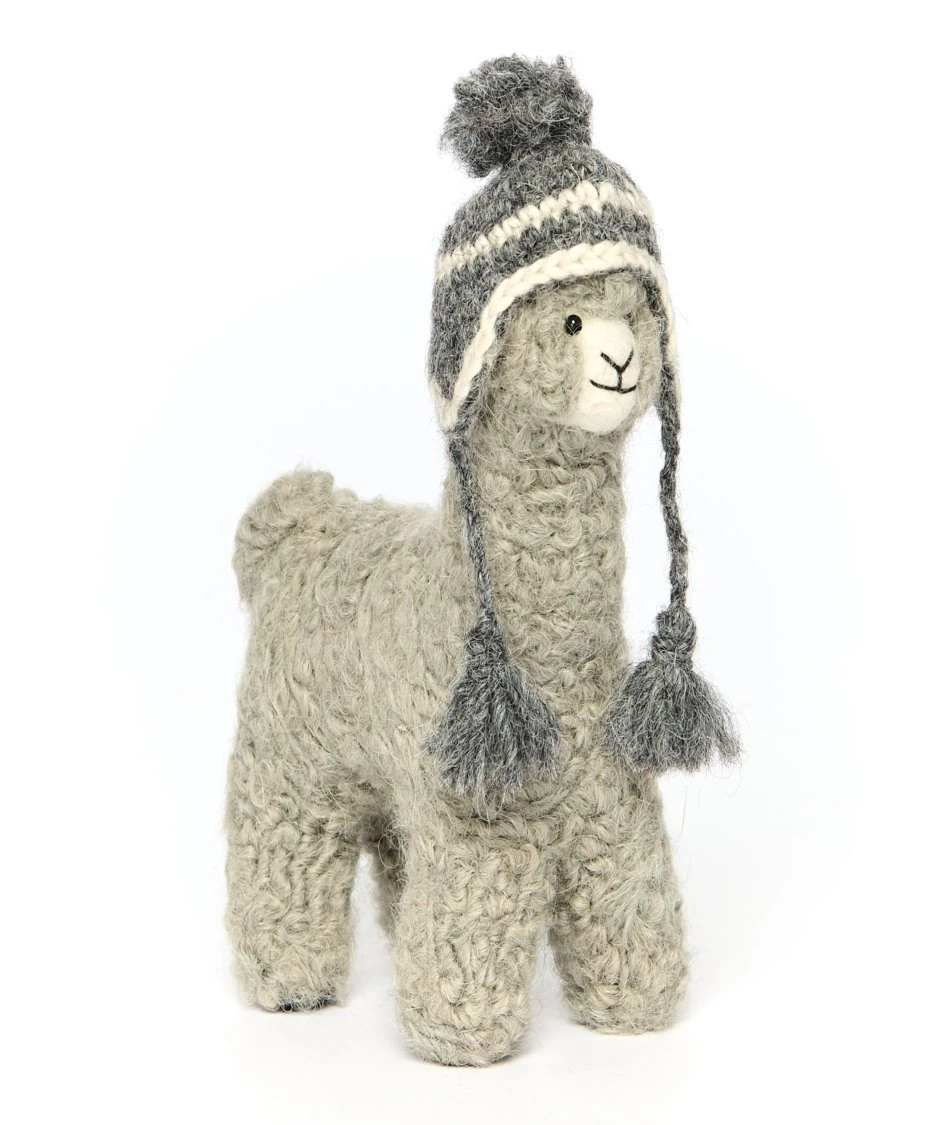Needle Felted 5" Alpaca Figurine, grey in Natural Chullo - front