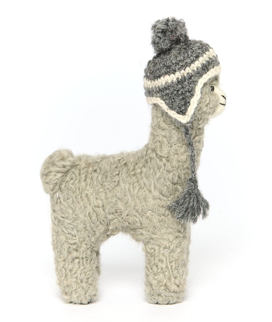 Needle Felted Alpaca Figurine, grey in Natural Chullo - Side