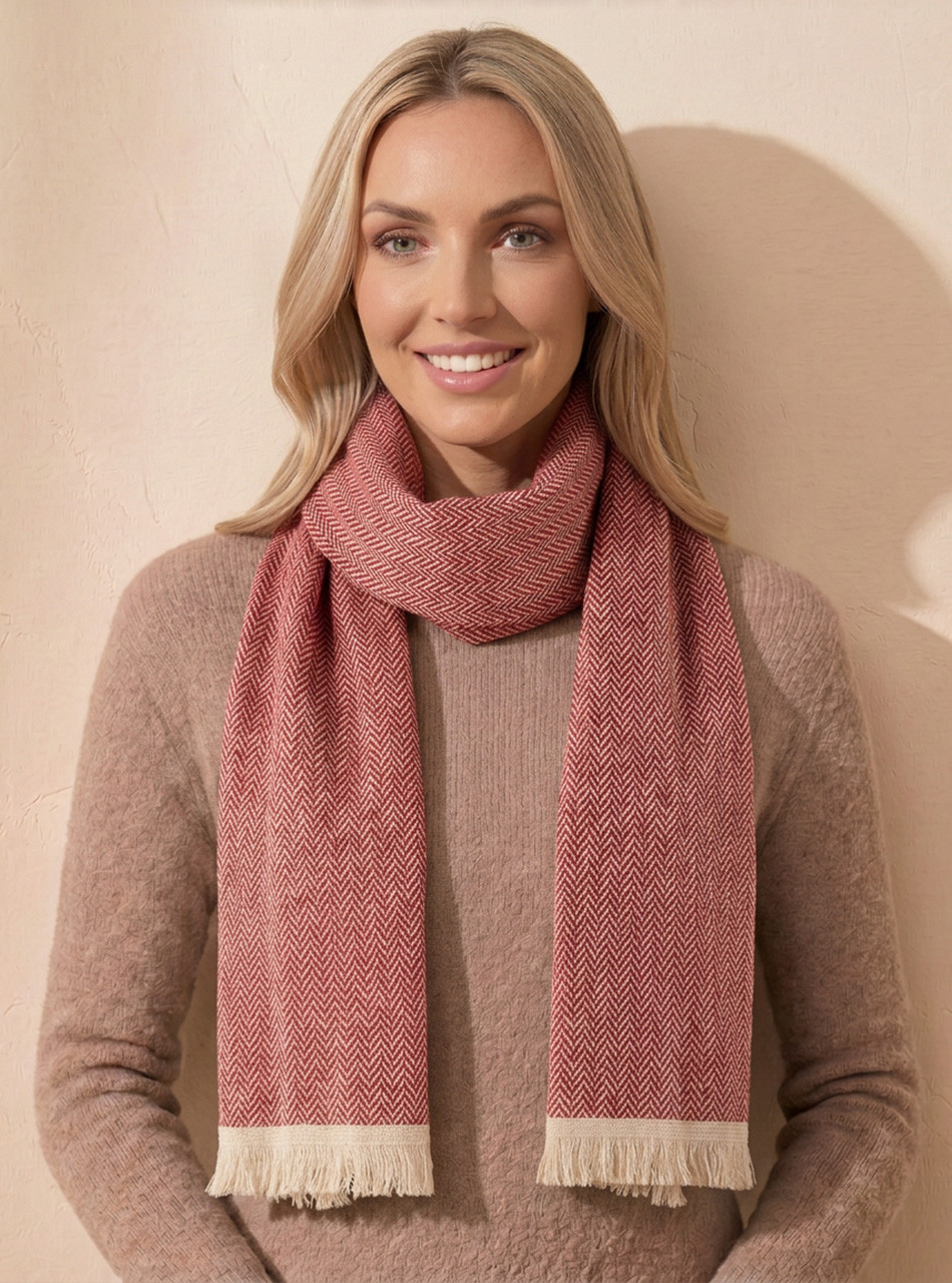 Country Orchard Chevron Alpaca Scarf in Red Delicious, on model.