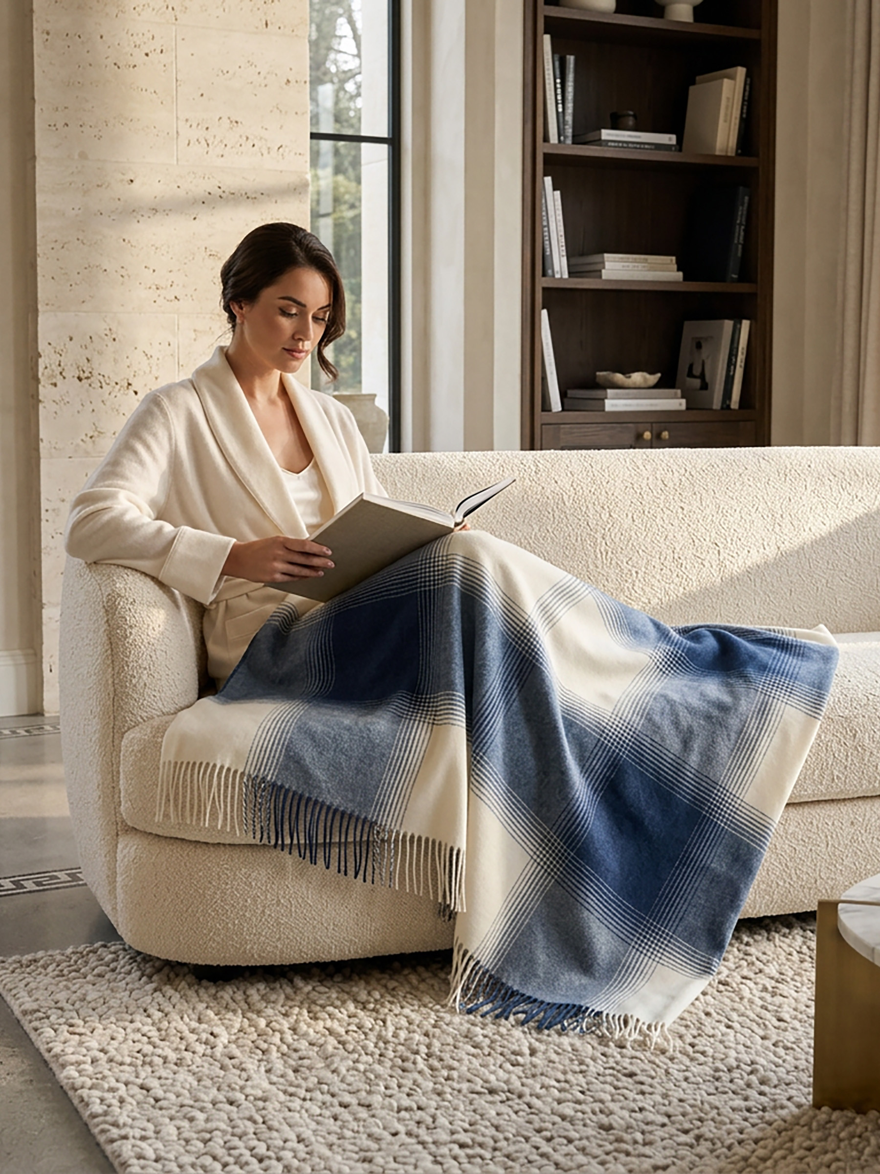 Meadowlight Baby Alpaca Throw on a woman reading on a sofa