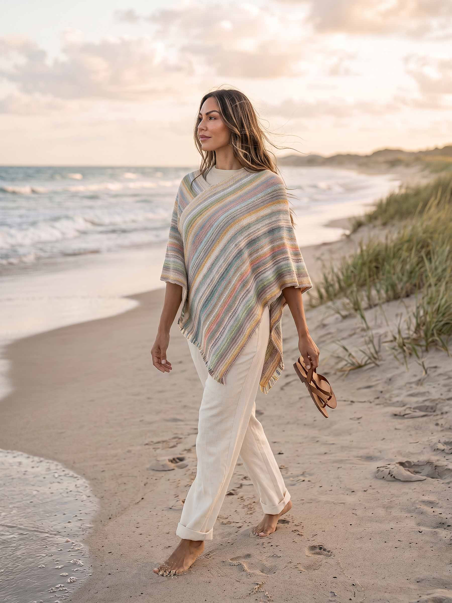 Riviera Baby Alpaca Triangle Poncho on model on beach